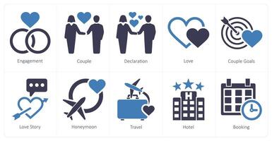 een reeks van 10 huwelijksreis pictogrammen net zo verloving, stel, verklaring vector