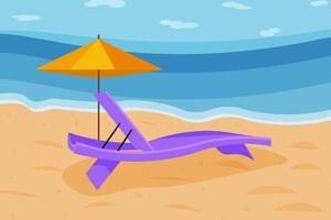Purper dek stoel en geel strand paraplu Aan kust. vector