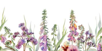 hand- getrokken waterverf illustratie botanisch bloemen bladeren. wilg eucalyptus, vingerhoedskruid leeuwenbek wolvin, roze Lobelia jasmijn, Bergenia heliotroop. naadloos banier geïsoleerd Aan wit. bruiloft, kaarten vector