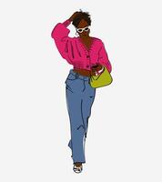 mode illustratie van een mooi jong zwart vrouw in een gewoontjes kleding. mode illustratie vector