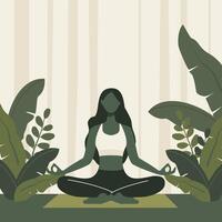 silhouet van vrouw zittend is beoefenen yoga meditatie met groen bladeren achtergrond vector