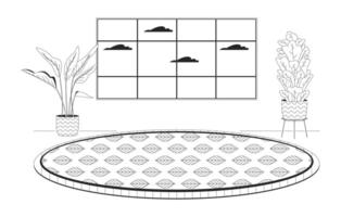 kamerplanten huiskamer knus tapijt ronde zwart en wit tekenfilm vlak illustratie. verdieping tapijt blad patroon 2d lijn kunst interieur geïsoleerd. ingemaakt planten leven kamer monochroom tafereel schets beeld vector