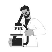 Afrikaanse Amerikaans wetenschapper op zoek in microscoop zwart en wit 2d lijn tekenfilm karakter. mannetje dokter aan het studeren monster geïsoleerd schets persoon. onderzoeken monochromatisch vlak plek illustratie vector