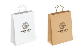 papier zak 3d mockup met gedraaid omgaan met en cafe logo ontwerp. bruin en wit boodschappen doen zak verpakking mockup vector