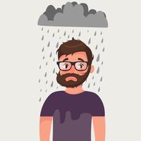 Ongelukkige man met slecht humeur onder regen. vector