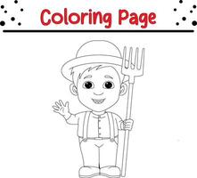 gelukkig jongen boer Holding hark kleur bladzijde voor kinderen vector