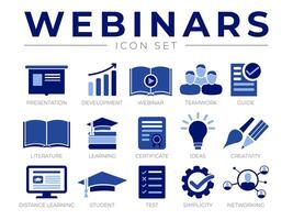 blauw kleurrijk webinar icoon set. presentatie, ontwikkeling, webinars, netwerken, teamwerk, gids, literatuur, aan het leren, certificaat, ideeën, testen, eenvoud pictogrammen. vector