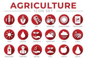 rood landbouw ronde icoon reeks van tarwe, maïs, soja, tractor, zonnebloem, kunstmest, zon, water, groei, het weer, regenen, velden, bestrijdingsmiddel, boer zaden, bodem, appel, fruit pictogrammen. vector