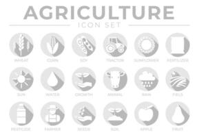 licht grijs landbouw ronde icoon reeks van tarwe, maïs, soja, tractor, zonnebloem, kunstmest, zon, water, groei, het weer, regenen, velden, bestrijdingsmiddel, boer zaden, bodem, appel, fruit pictogrammen. vector