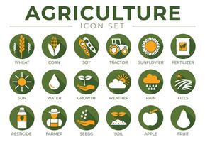 landbouw ronde icoon reeks met tarwe, maïs, soja, tractor, zonnebloem, kunstmest, zon, water, groei, het weer, regenen, velden, bestrijdingsmiddel, boer zaden, bodem, appel, fruit pictogrammen. vector