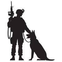 een illustratie van een soldaat met een hond metgezel beide in silhouet vector