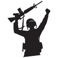 een silhouet van een soldaat met een geweer gehouden overhead in zege beeldt af vector