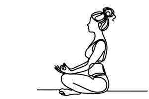 yoga Internationale yoga dag. vrouw doet opdrachten met hand- naar ontspanning lijn kunst tekening stijl zwart lineair schetsen, hand- tekening tekening meisje verloofd in yoga vector