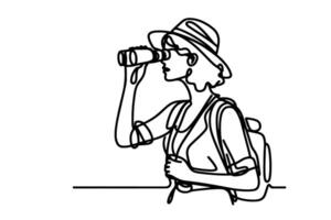 een doorlopend zwart lijn hand- tekening van reiziger vrouw staan, Holding verrekijker en op zoek in afstand met kijker lineair schetsen tekening Aan wit achtergrond vector