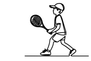 een doorlopend zwart lijn hand- tekening van kind spelen tennis tekening lineair tekening Mens tekenfilm speler Aan wit. vector