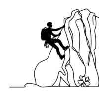 een doorlopend zwart lijn tekening van Mens rots beklimming een steil rotsachtig klif tekening lineair tekening tekenfilm Aan wit achtergrond. vector