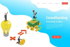 isometrische vlak landen bladzijde sjabloon van crowdfunding, investeren in idee. vector