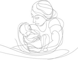 een doorlopend lijn tekening van moeder Holding baby zwart kleur enkel en alleen vector