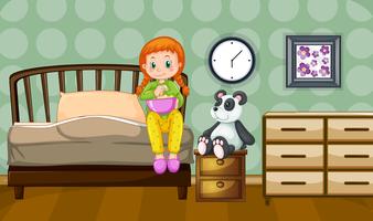 Klein meisje en panda pop in de slaapkamer vector