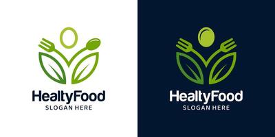 gezond voedsel logo ontwerp sjabloon. lepel vork met natuurlijk bladeren voor biologisch voedsel logo ontwerp grafisch illustratie. symbool, icoon, creatief. vector