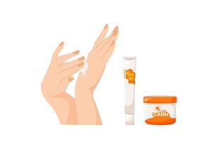 vrouwen handen van toepassing zijn lichaam room. zonnescherm vochtinbrengende crème, zonnescherm, zonnebrandcrème, huid bescherming en blokkeren ultraviolet stralen. vector