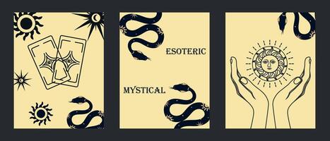 reeks van mystiek patronen. posters met een slang, tarot kaarten, tarot zon, silhouet van handen, sterren. elementen van esoterisch, occult, alchemistisch en heks symbolen. vector