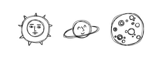 tekening planeten en zon. ruimte, sterren, ruimteschip illustratie. vector