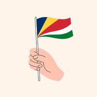 tekenfilm hand- Holding Seychellen vlag, gemakkelijk ontwerp. vlag van Seychellen, oosten- Afrika, concept illustratie, geïsoleerd vlak tekening vector