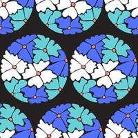 abstract bloemen ronde naadloos patroon geïsoleerd Aan zwart achtergrond. vlak hand- getrokken abstract bloeien in helder kleuren. uniek retro afdrukken ontwerp voor textiel, behang, interieur, omhulsel vector