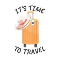 tijd naar reizen schoonschrift met reizen koffer en zomer hoed. vakantie en reizen concept. illustratie. vector