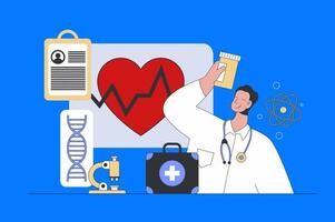 medisch concept in modern vlak ontwerp voor web. dokter overleg plegen geduldig en diagnose, maakt cardioloog voorschrift met geneesmiddelen. illustratie voor sociaal media banier, afzet materiaal. vector