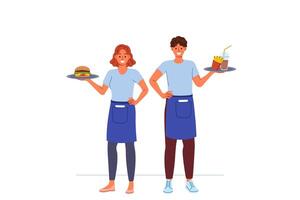 gelukkig obers van snel voedsel restaurant werk samen naar leveren klanten bestellen vector