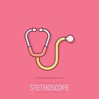 stethoscoop icoon in grappig stijl. hart diagnostisch tekenfilm illustratie Aan geïsoleerd achtergrond. geneeskunde plons effect teken bedrijf concept. vector