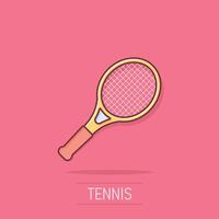 tennis racket icoon in grappig stijl. gaming racket tekenfilm illustratie Aan geïsoleerd achtergrond. sport werkzaamheid plons effect teken bedrijf concept. vector