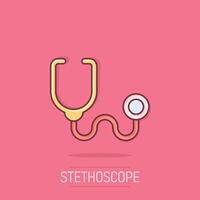 stethoscoop icoon in grappig stijl. hart diagnostisch tekenfilm illustratie Aan geïsoleerd achtergrond. geneeskunde plons effect teken bedrijf concept. vector