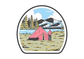 rivier- kant camping. wijnoogst buitenshuis illustratie insigne vector