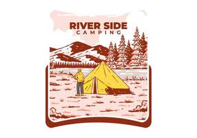 rivier- kant camping. wijnoogst buitenshuis illustratie insigne vector