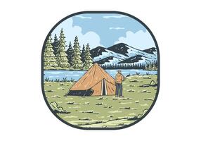 rivier- kant camping. wijnoogst buitenshuis illustratie insigne vector