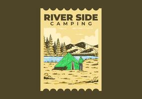 rivier- kant camping. wijnoogst buitenshuis illustratie insigne vector