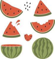 watermeloen set, watermeloen plak, watermeloen hart, tropisch fruit verzameling ontwerp voor interieur, poster, banier vector