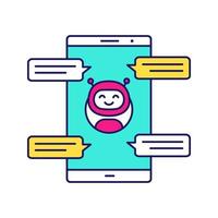 chatbot met tekstballonnen kleur icoon. messenger bot chatten op smartphone. moderne robot. virtuele assistent. geïsoleerde vectorillustratie vector