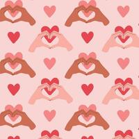 menselijk handen tonen hart regelmatig naadloos patroon. rood en roze harten Aan roze achtergrond. tekening stijl. gekleurde vlak grafisch vector