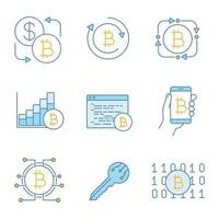 bitcoin cryptocurrency gekleurde pictogrammen instellen. bitcoin-uitwisseling, fintech, marktgroeigrafiek, mijnsoftware, digitale portemonnee, sleutel, binaire code. geïsoleerde vectorillustraties vector