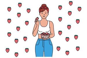 een meisje in een rood bandana, t-shirt en jeans met een kom van aardbeien in haar handen. de vrouw is omringd door smakelijk en sappig bessen. illustratie geïsoleerd Aan wit achtergrond. vastpinnen stijl vector