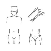 plastische chirurgie lineaire pictogrammen instellen. chirurg, chirurgische scalpel en klem, dijlift, taillecorrectiechirurgie. dunne lijn contour symbolen. geïsoleerde vectoroverzichtsillustraties. bewerkbare streek vector