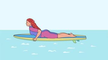 een surfer meisje drijft Aan de oppervlakte van de water Aan een bord. kalm. water sport. surfen. evenwicht, evenwicht. zee. oceaan. vector