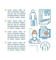 orthopedie artikel pagina vector sjabloon. geneeskunde en gezondheidszorg. trauma, verwonding. brochure, tijdschrift, boekje ontwerpelement met lineaire pictogrammen en tekstvakken. conceptillustraties met tekstruimte