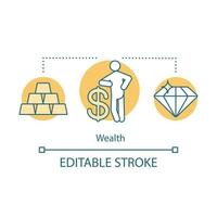 rijkdom concept icoon. zaken, investeringsidee dunne lijnillustratie. geld verdienen. welzijn, rijkdom. rijke man met dollarteken, diamant, goudstaven. vector geïsoleerde overzichtstekening. bewerkbare streek