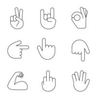 handgebaar emojis lineaire pictogrammen instellen. dunne lijn contour symbolen. overwinning, vrede, rots, ok, middelvinger, vulcan salute gebaren, gebogen biceps. geïsoleerde vectoroverzichtsillustraties. bewerkbare streek vector