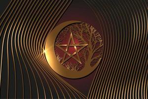 mystieke maan, levensboom en wicca pentacle. heilige geometrie. gouden logo, halve maan, halve maan heidense Wicca godin symbool, energie cirkel, tattoo stijl vector zwart goud gestreepte achtergrond